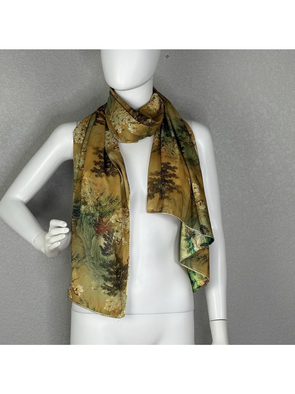 100% Silk Satin Scarf Reversible Oriental Floral Landscape Gold Green 11"x50"